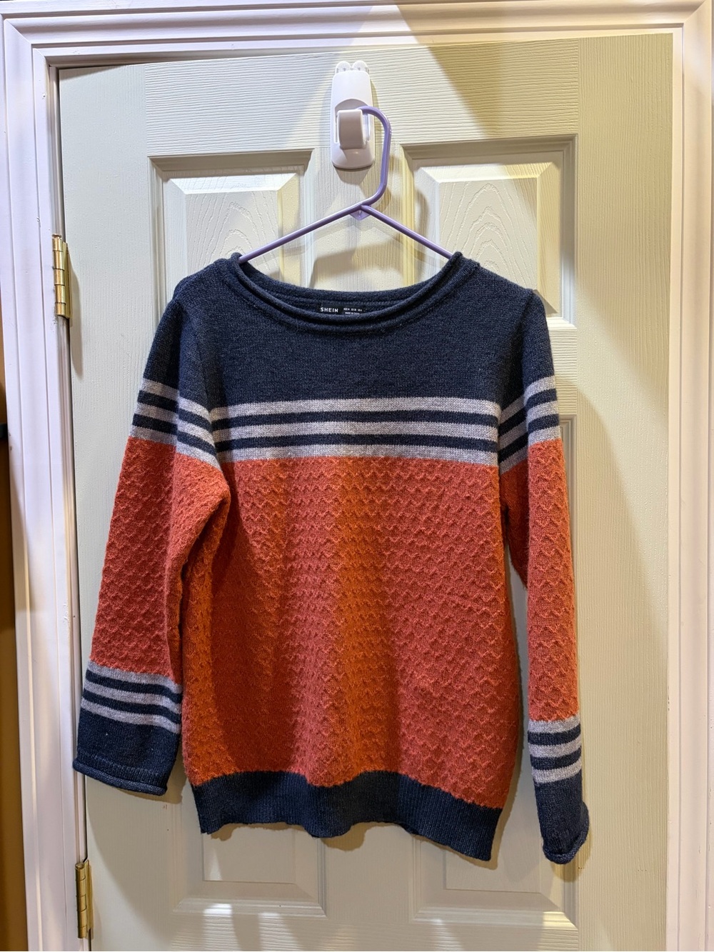 SHEIN Orange and Navy Textured Crewneck Sweater